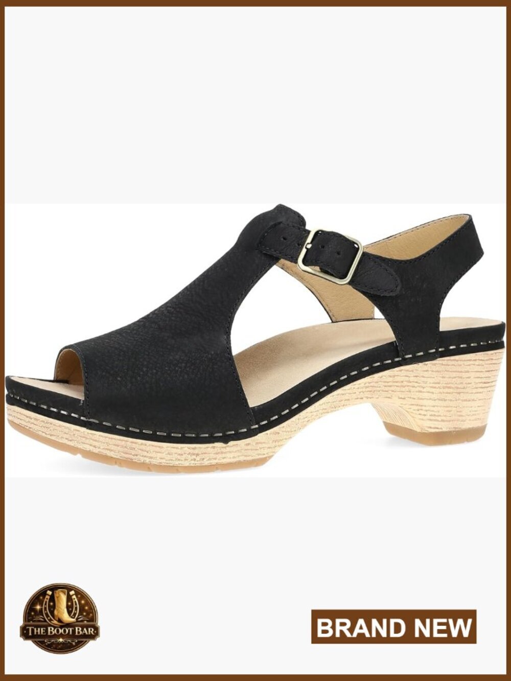 Women's Heeled T-Strap Wedge Sandals - Peep Toe, Nubuck Leather, Buckle